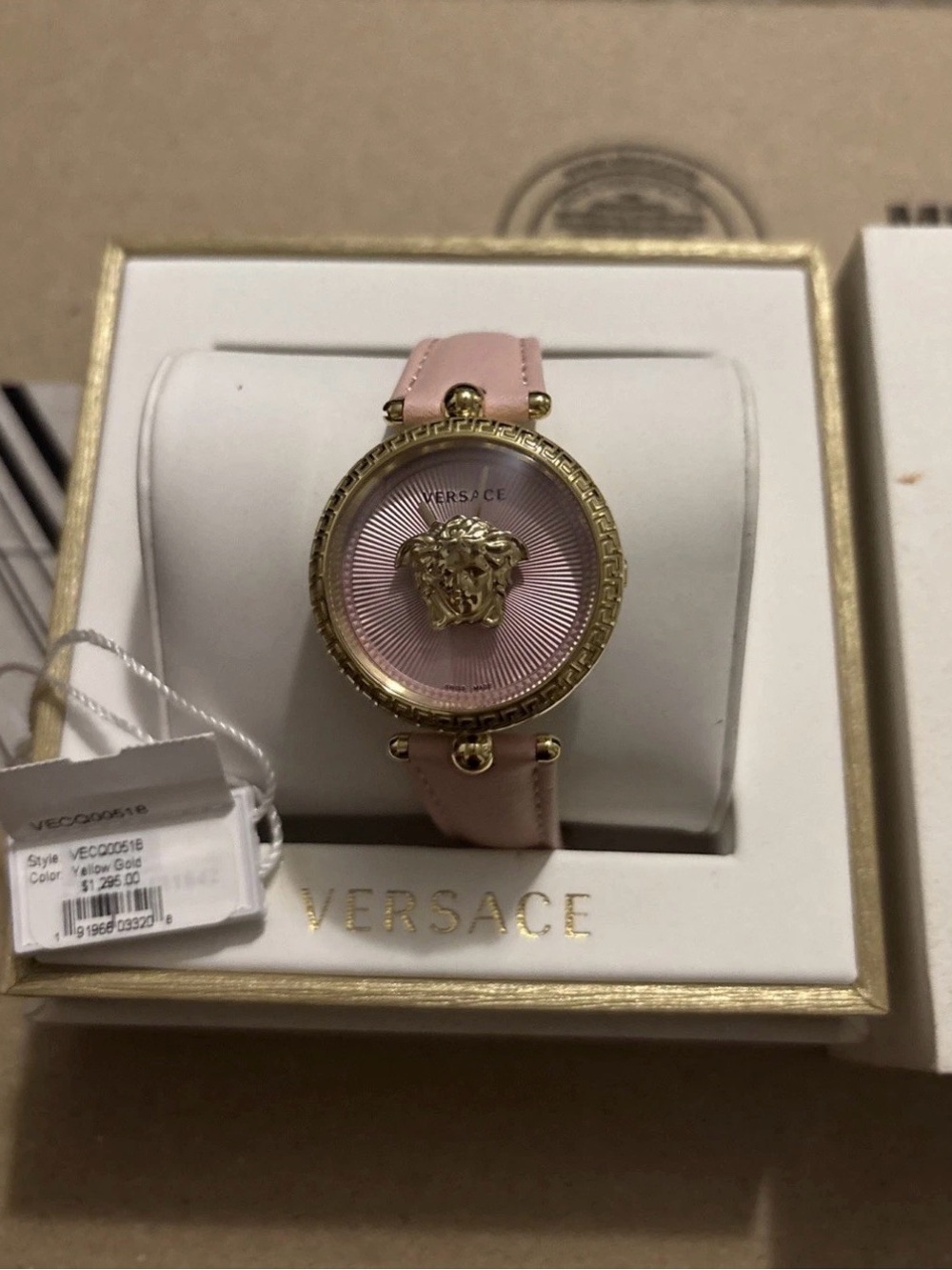 Versace Pink Dial Leather Strap Watch with Gold Medusa Emblem